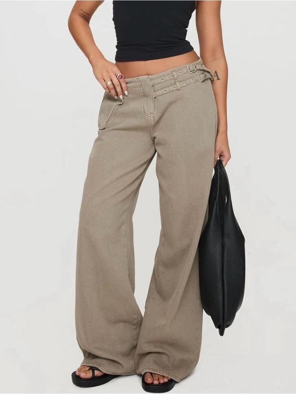 Princess Polly Taupe Wide-Leg Satin Pants with Double Belt Detail - Picture 2 of 4